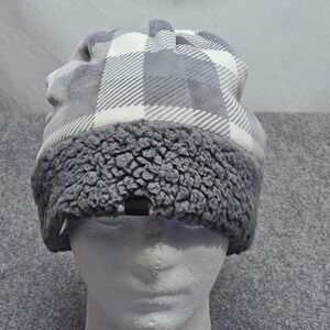CuddlDuds Plaid‎ Sherpa Lined Beanie Hat Gray White Fleece Winter Warm
